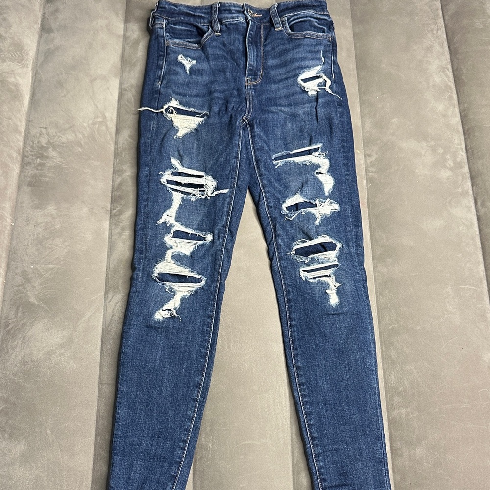 American Eagle Outfitters Super‎ Hi-Rise Ripped Blue Skinny Jeggings 4 short